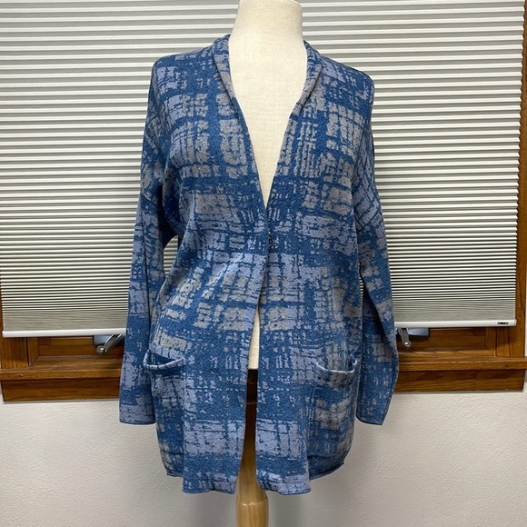 J. Jill Purejill Indigo Blue and Gray Patterned Long Cardigan Sweater Size SP - Picture 3 of 12